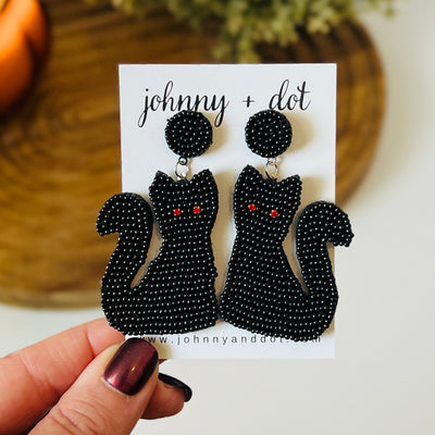 Beaded Black Cat Halloween Earrings