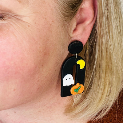 Black Halloween Clay Pumpkin Ghost Earrings