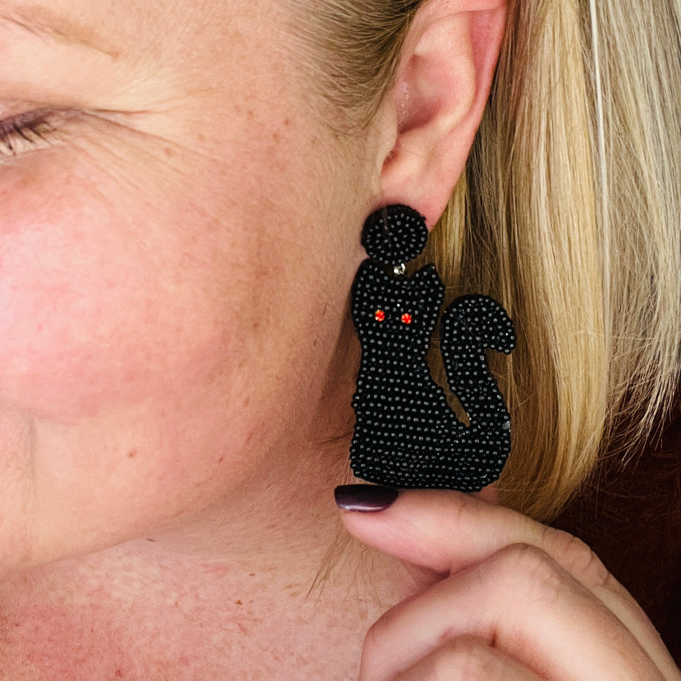 Beaded Black Cat Halloween Earrings