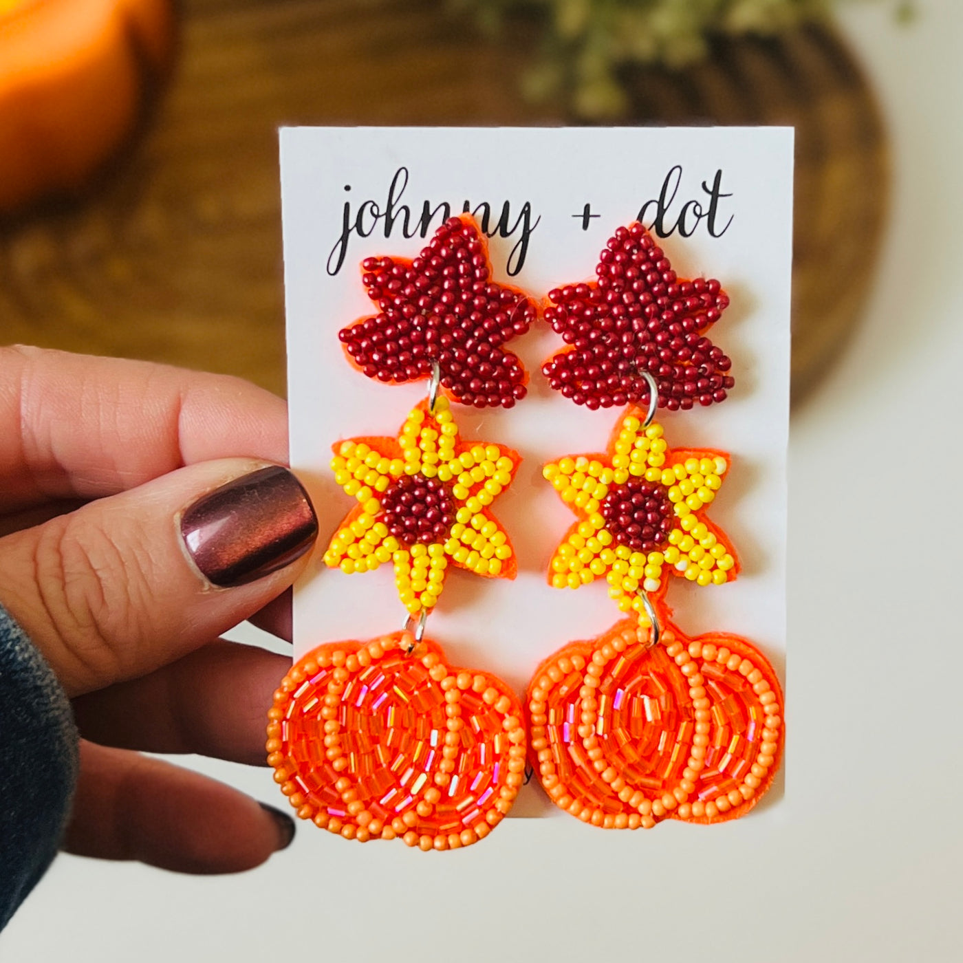 Beaded Autumn Leaf Flower Pumpkin Earrings