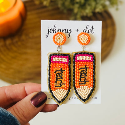 Beaded Orange Teach Pencil Earrings