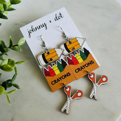 Wooden Pencil Crayon Scissors Dangle Earrings