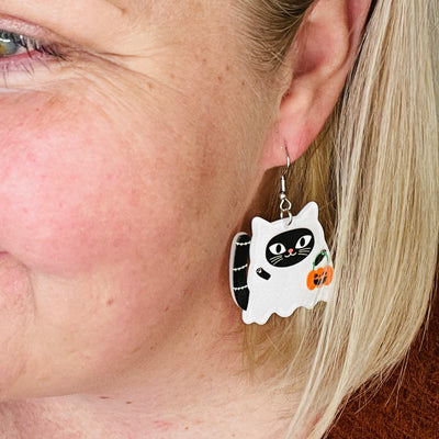 Acetate Trick or Treating Ghost Cat Earrings