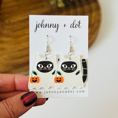 Acetate Trick or Treating Ghost Cat Earrings