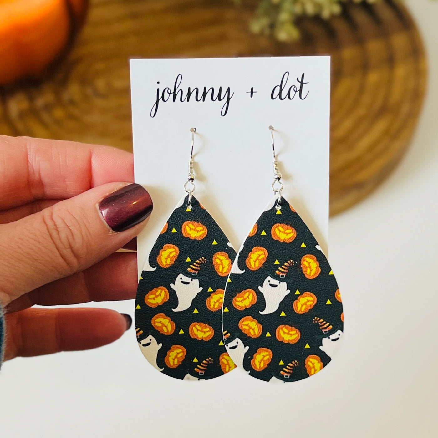 Orange and Black Happy Ghost Teardrop Shaped Earrings