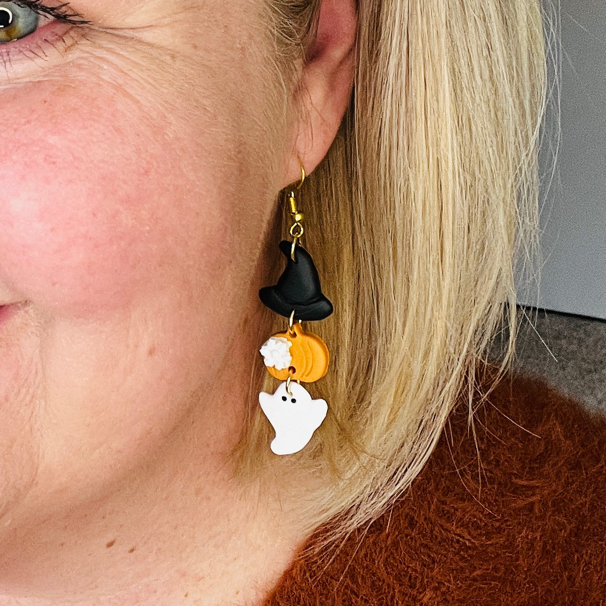 Clay Halloween Hat Pumpkin Ghost Earrings