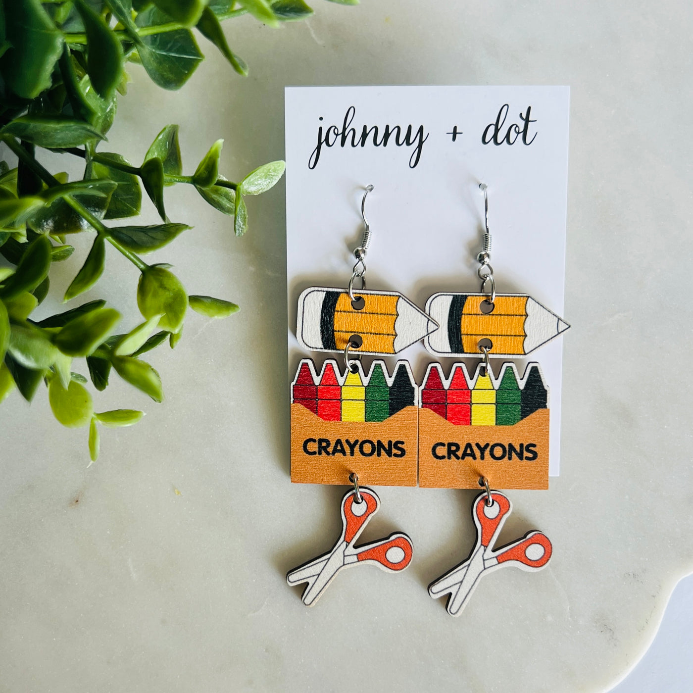 Wooden Pencil Crayon Scissors Dangle Earrings