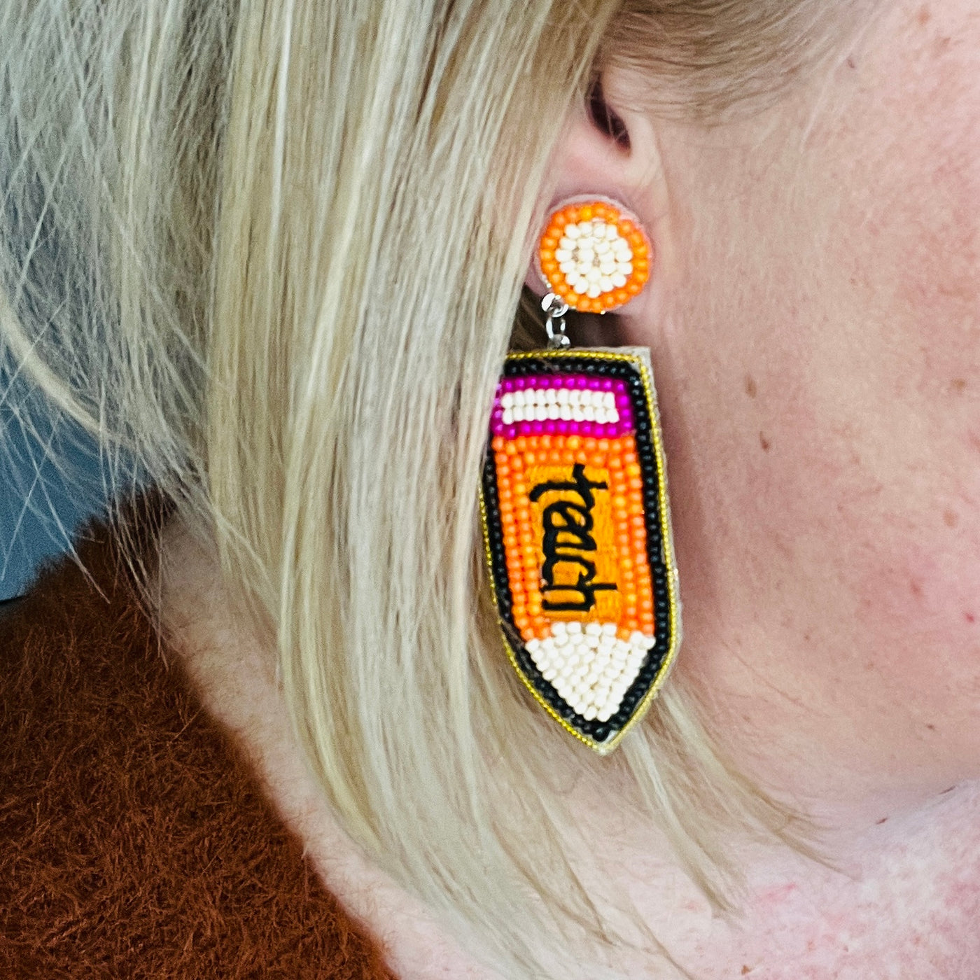 Beaded Orange Teach Pencil Earrings