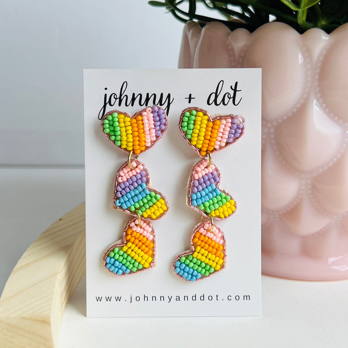 Beaded Pastel Heart Trio Dangle Earrings