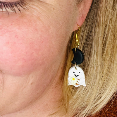 Clay Halloween Moon Ghost Dangle Earrings