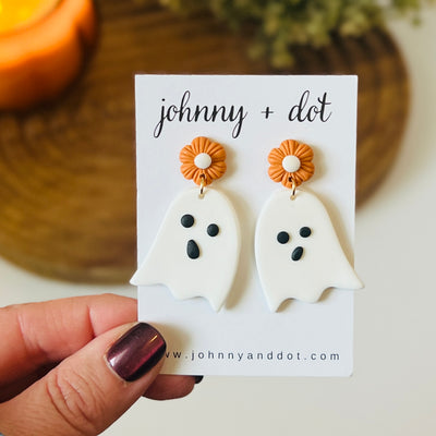 White Ghost Clay Earring with Orange Flower