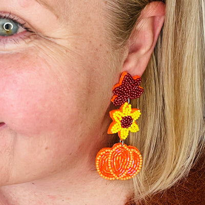 Beaded Autumn Leaf Flower Pumpkin Earrings