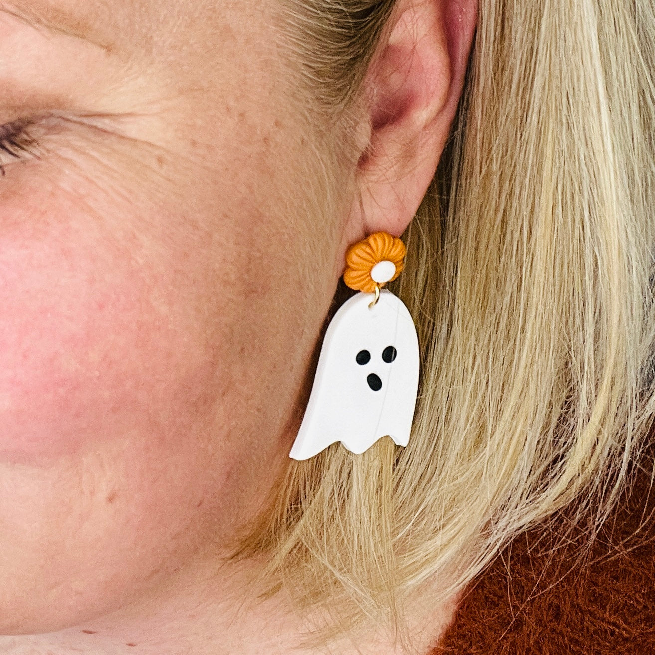 White Ghost Clay Earring with Orange Flower