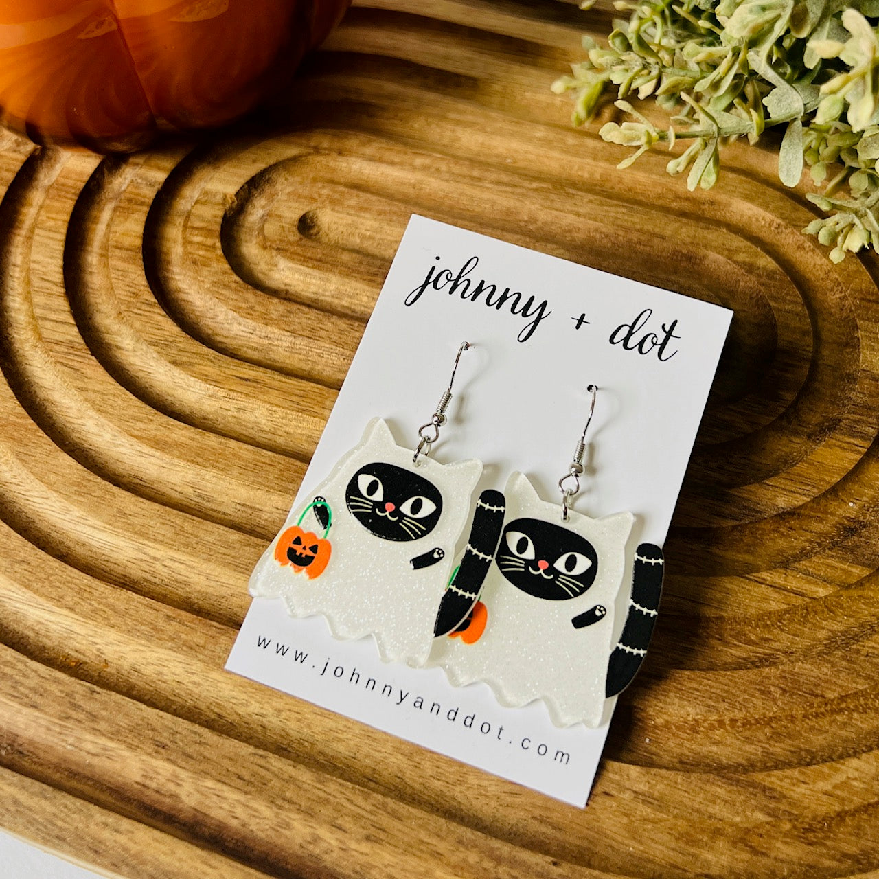 Acetate Trick or Treating Ghost Cat Earrings