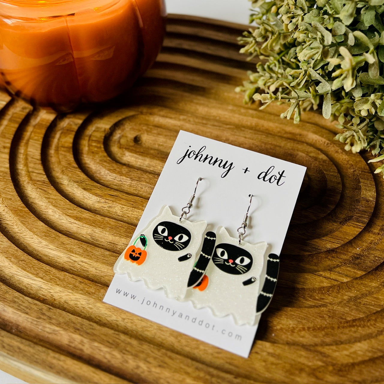 Acetate Trick or Treating Ghost Cat Earrings