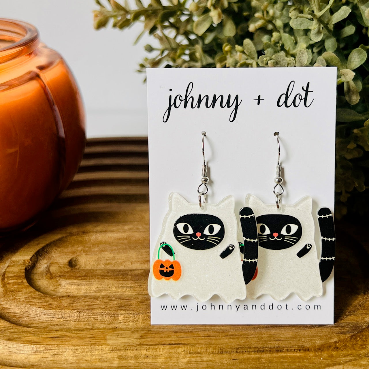 Acetate Trick or Treating Ghost Cat Earrings