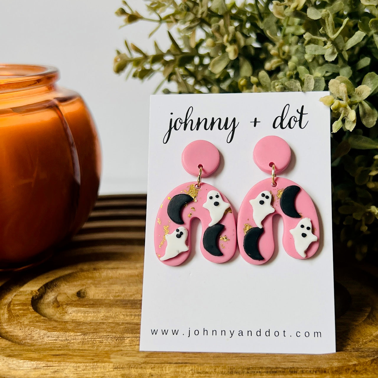 Pink Arched Ghost and Moon Clay Earrings