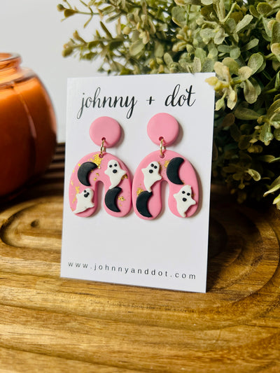 Pink Arched Ghost and Moon Clay Earrings