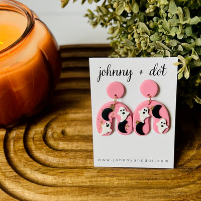 Pink Arched Ghost and Moon Clay Earrings