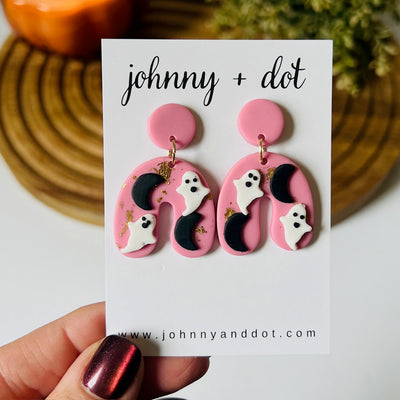 Pink Arched Ghost and Moon Clay Earrings