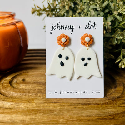 White Ghost Clay Earring with Orange Flower