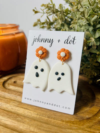 White Ghost Clay Earring with Orange Flower