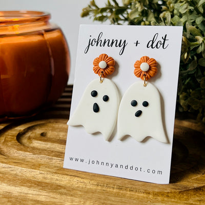 White Ghost Clay Earring with Orange Flower