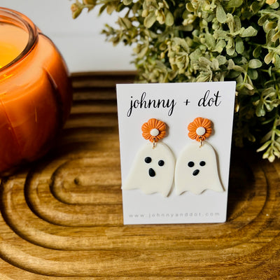 White Ghost Clay Earring with Orange Flower