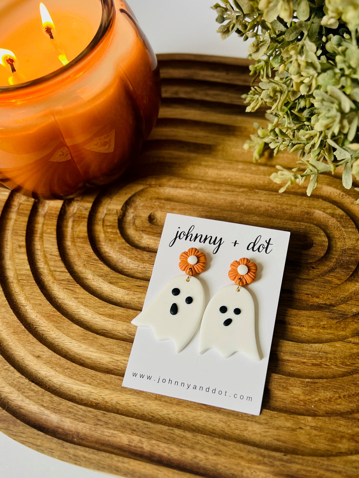 White Ghost Clay Earring with Orange Flower