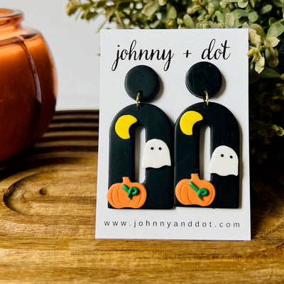 Black Halloween Clay Pumpkin Ghost Earrings