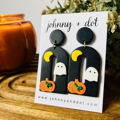 Black Halloween Clay Pumpkin Ghost Earrings