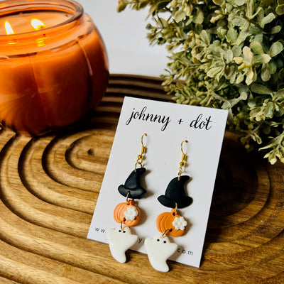 Clay Halloween Hat Pumpkin Ghost Earrings