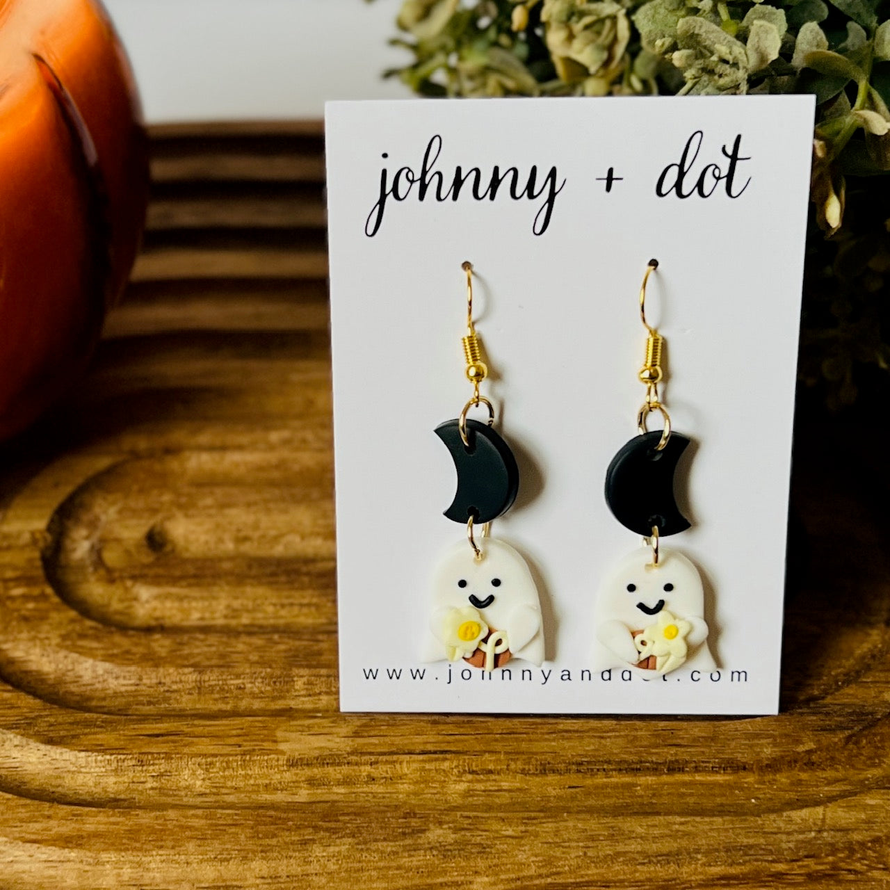 Clay Halloween Moon Ghost Dangle Earrings