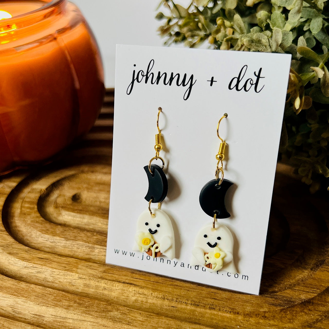 Clay Halloween Moon Ghost Dangle Earrings