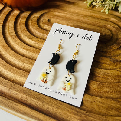 Clay Halloween Moon Ghost Dangle Earrings