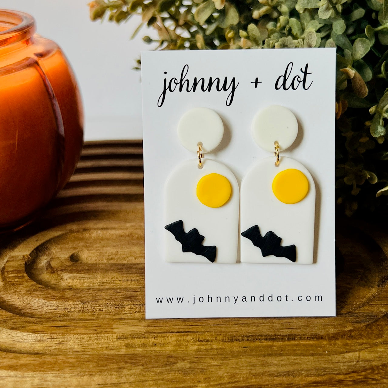 White Arched Bat and Moon Earrings