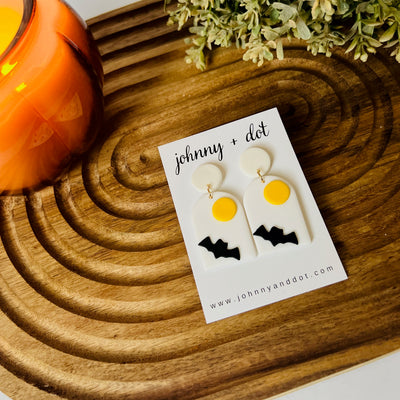 White Arched Bat and Moon Earrings