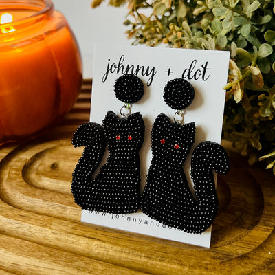 Beaded Black Cat Halloween Earrings