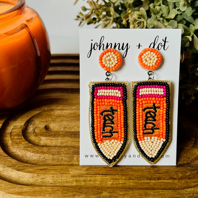 Beaded Orange Teach Pencil Earrings