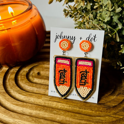 Beaded Orange Teach Pencil Earrings