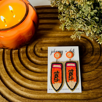 Beaded Orange Teach Pencil Earrings