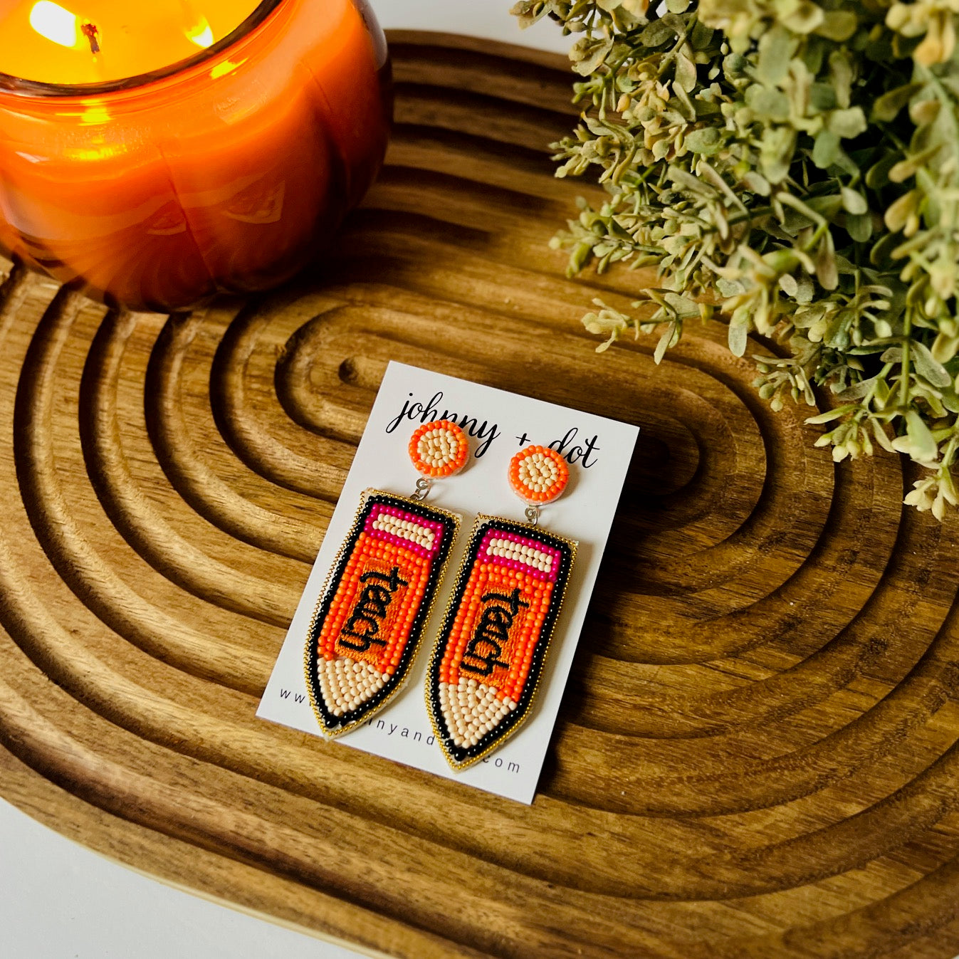 Beaded Orange Teach Pencil Earrings