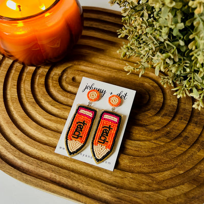 Beaded Orange Teach Pencil Earrings