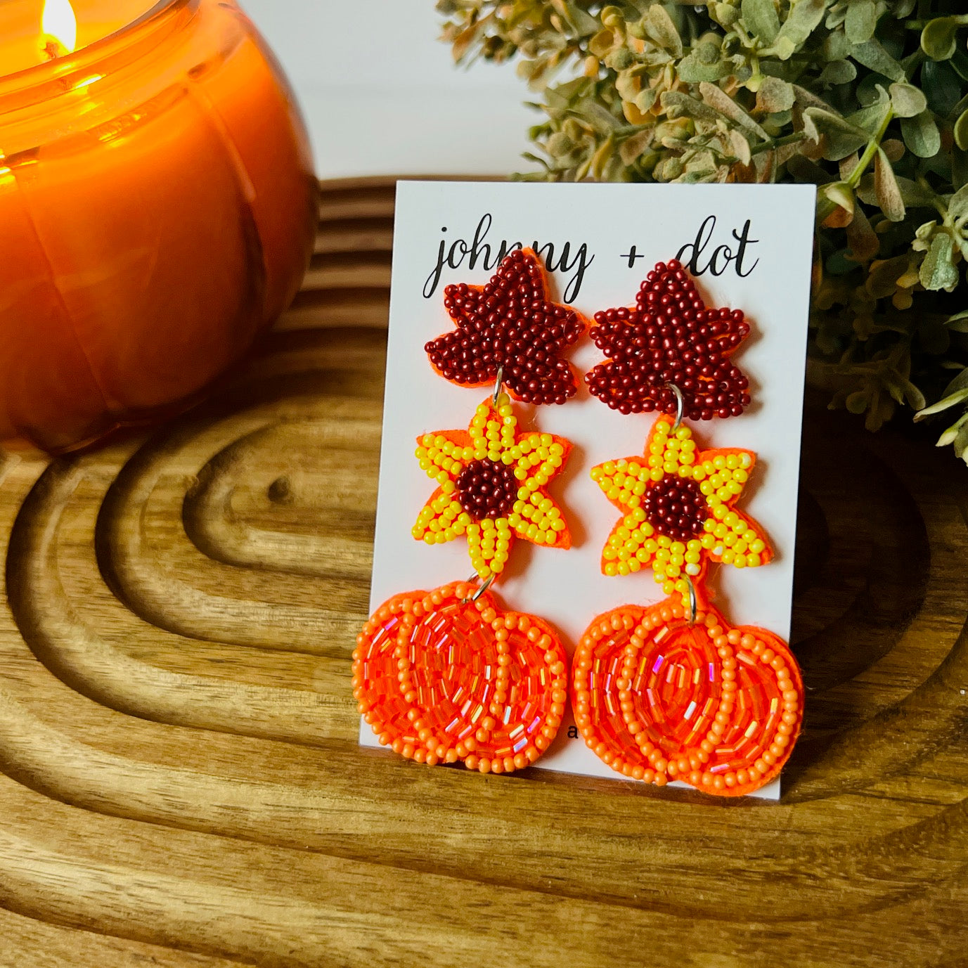 Beaded Autumn Leaf Flower Pumpkin Earrings