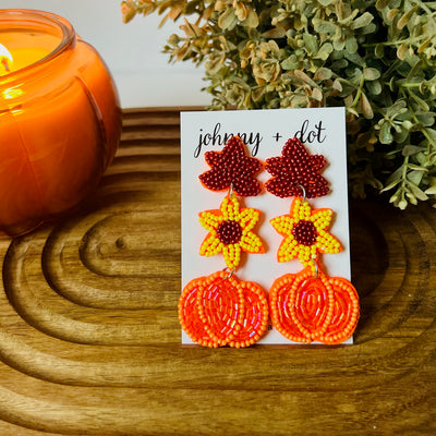 Beaded Autumn Leaf Flower Pumpkin Earrings