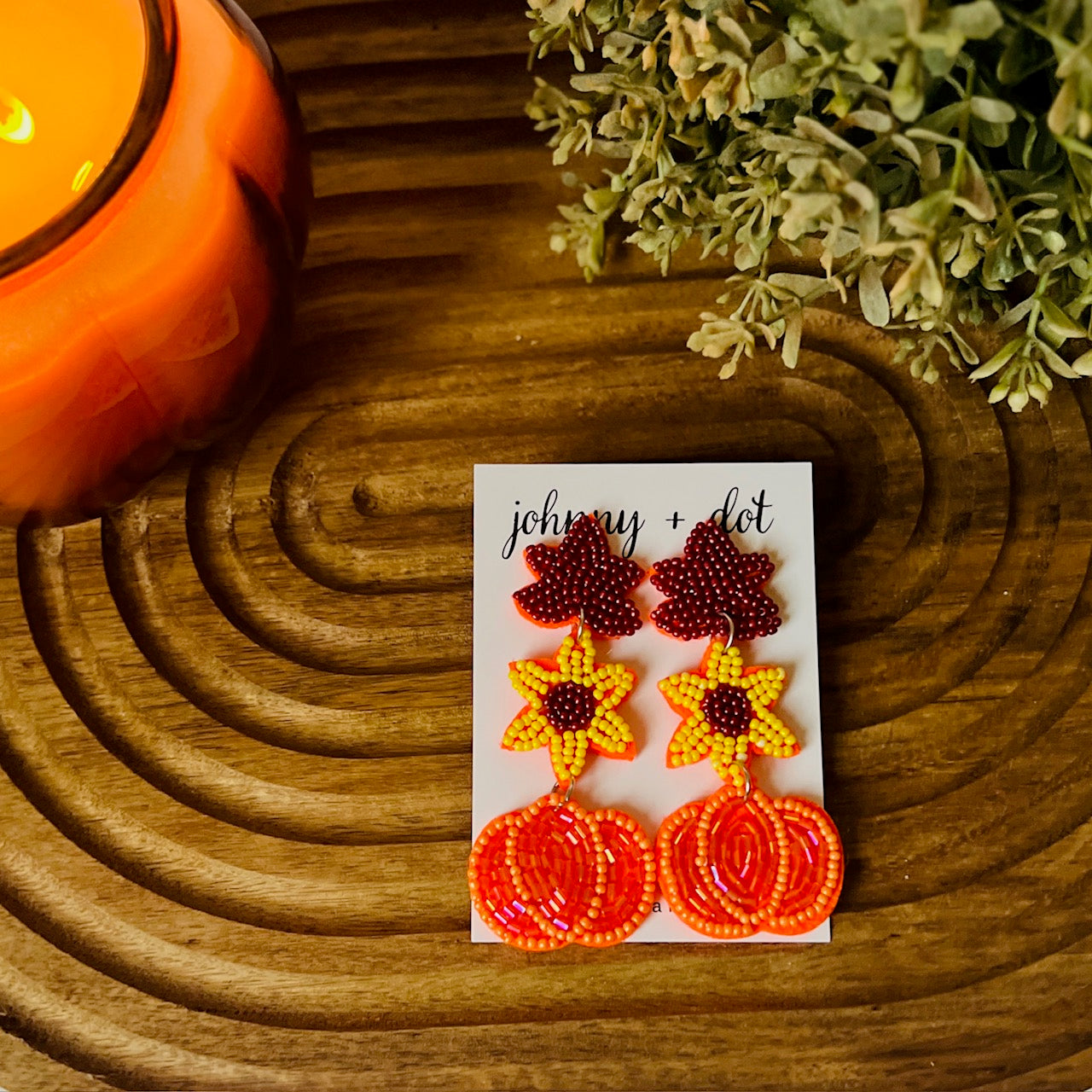 Beaded Autumn Leaf Flower Pumpkin Earrings