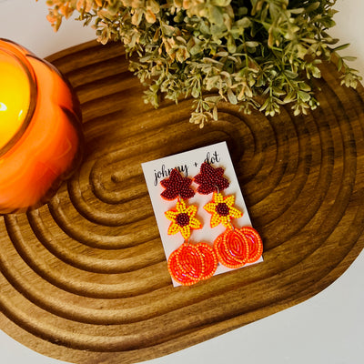 Beaded Autumn Leaf Flower Pumpkin Earrings