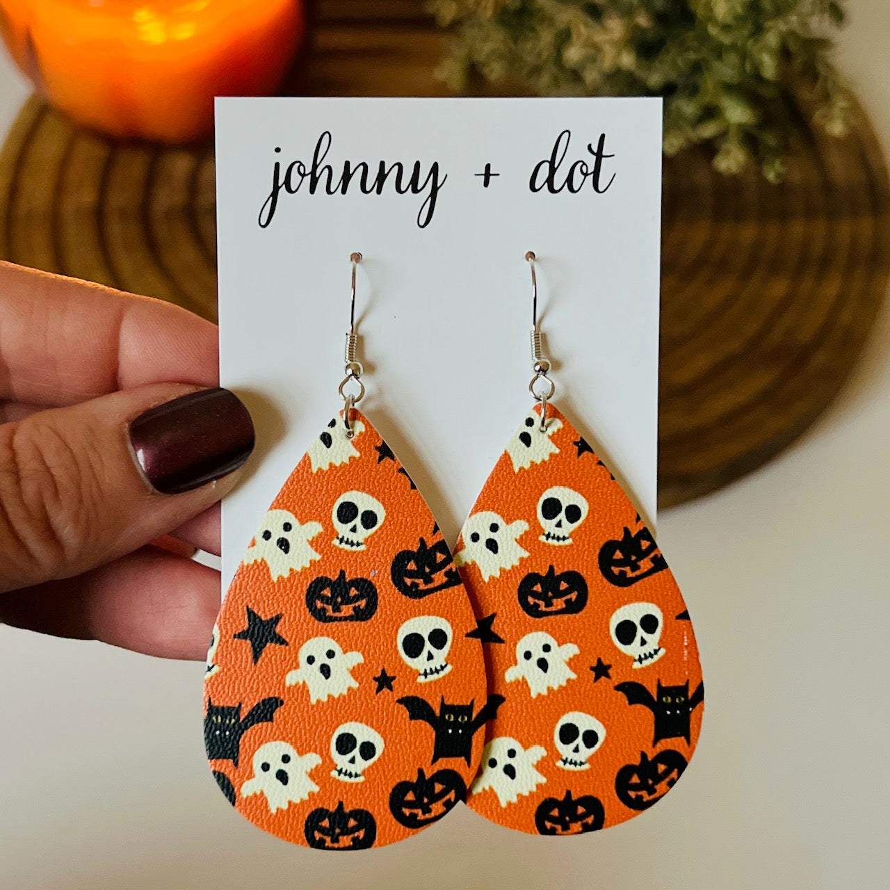 Orange Ghost Skull Star Teardrop Shaped Earrings