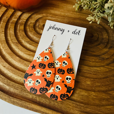 Orange Ghost Skull Star Teardrop Shaped Earrings