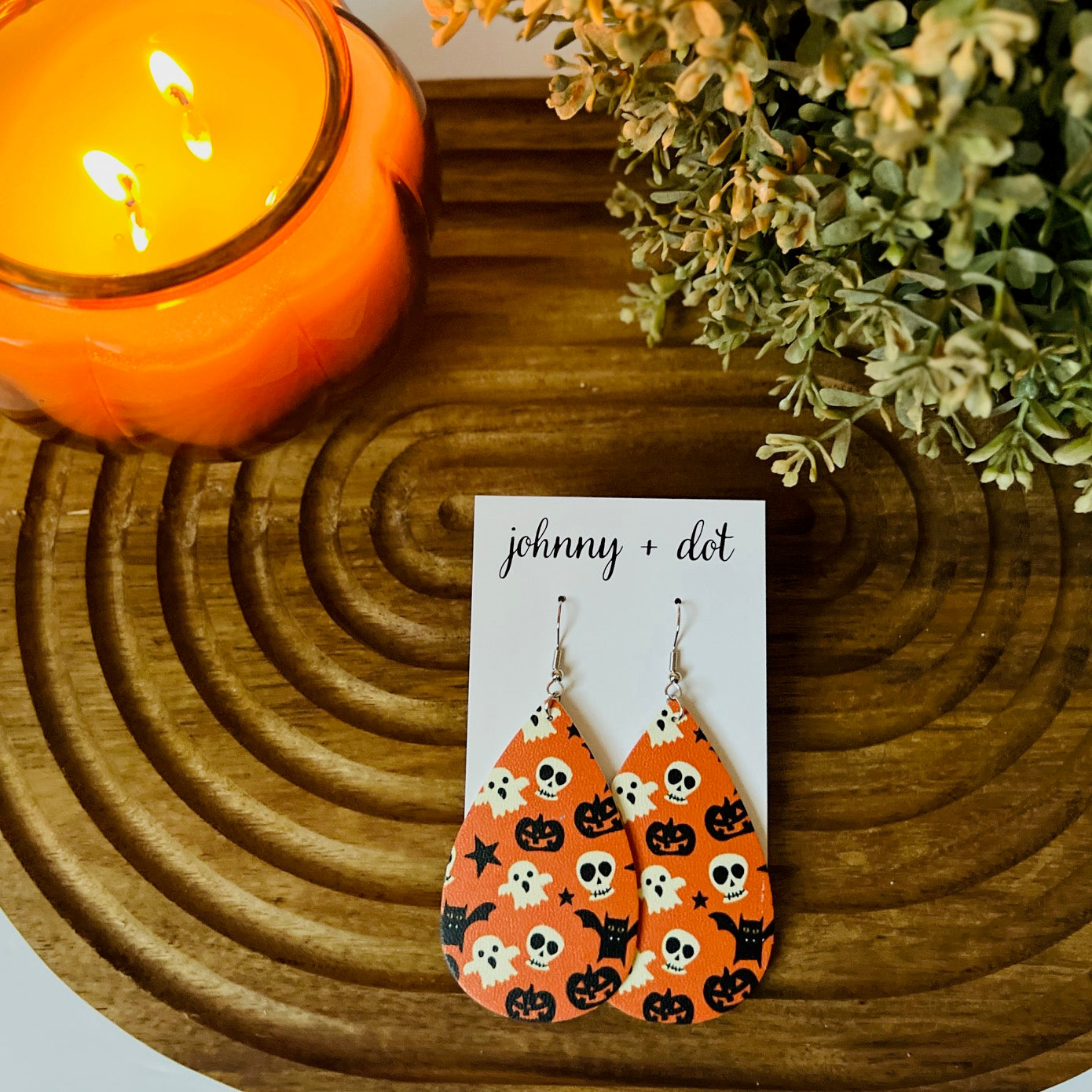 Orange Ghost Skull Star Teardrop Shaped Earrings